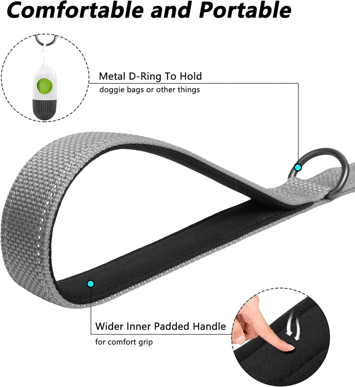 4FT Heavy Duty Dog Leash with Soft Padded Double Handle, Durable Strong Clasp Dog Leashes, Reflective Nylon Walking Lead for Large,Medium,Small Breed Dogs, Grey