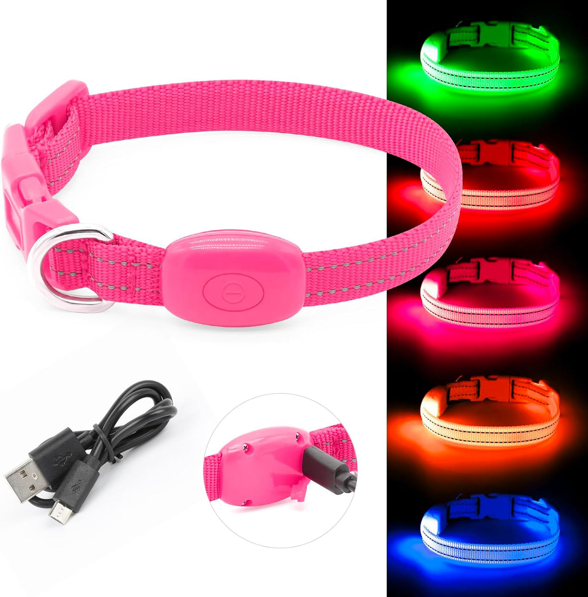 Light up Dog Collar, Rechargeable LED Dog Collar Glow in the Dark Cat Collar Reflective Puppy Collar Safety Dog Lights for Night Walking (Pink, XS)