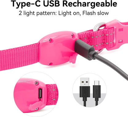 Light up Dog Collar, Rechargeable LED Dog Collar Glow in the Dark Cat Collar Reflective Puppy Collar Safety Dog Lights for Night Walking (Pink, XS)
