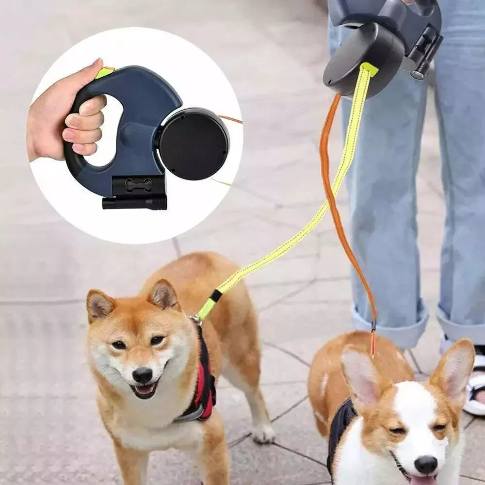 Dual Pet Leash Retractable Reflective Lead 360 Swivel Double Dog Walking Leash