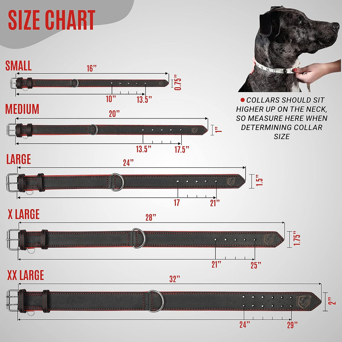 Riparo Dog Collars for Medium Dogs, Genuine Leather Dog Collar, Medium Dog Collar (M: 1" Wide for 13.5”-17.5” Neck, Black/Red Thread)